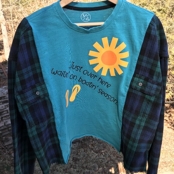 Flannel Tee Upcycle, Size M-L: Oversized Teal Boating Season Graphic Shirt - Picture 1 of 12